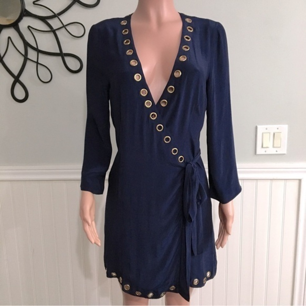 Lovers + Friends Crush Wrap Dress Navy Blue W Gold Grommets Side Tie Size Medium